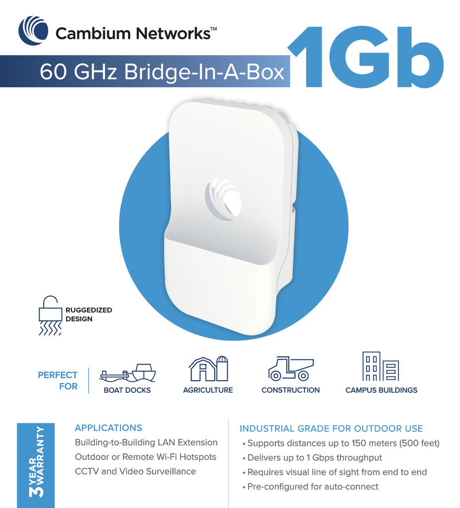 Cambium Networks C600510C008A 60GHz Bridge in a Box 1Gb with ANZ Cord