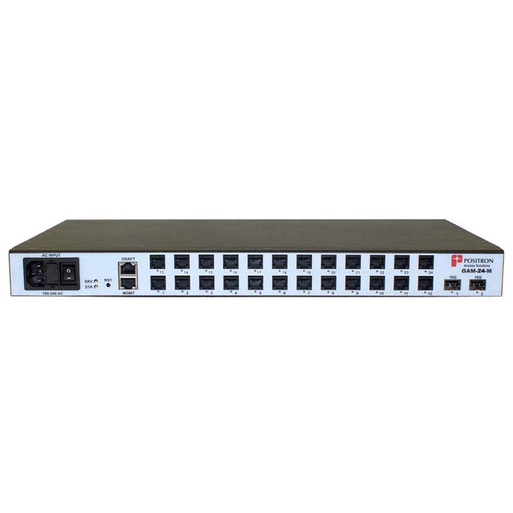 Positron GAM-24-M-AU G.hn Access Multiplexer (GAM) with 24 dual-pair (MIMO) copper ports and 2 x 10 Gbps SFP+ ports