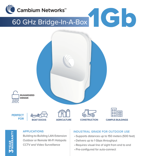 [C600510C008B] Cambium Networks C600510C008B 60GHz Bridge in a Box 1Gb with ANZ Cord
